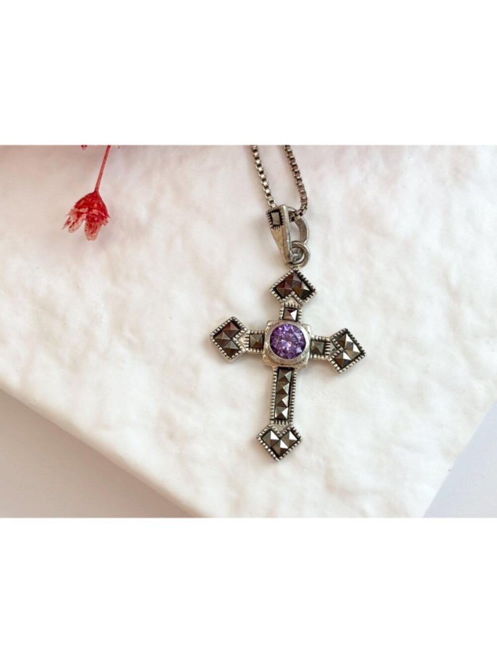 Art Deco Amethyst & Marcasite Sterling Silver 925 Vintage Pendant Necklace - 20" - Picture 16 of 16